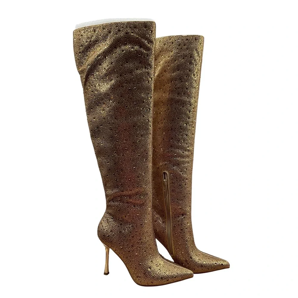 INC International Concepts Saveria 5 Gold Rhinestone Stiletto Boots Womens 6.5M